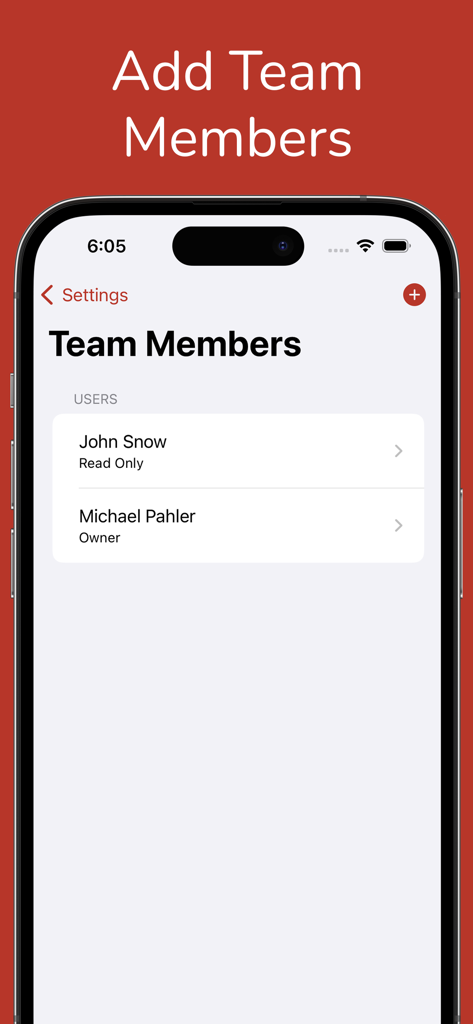 Stockroom Inventory Plus - Stockroom Inventory Plus app interface showing the team members management screen with owner and read only roles