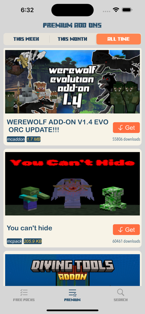 MODS FOR MINECRAFT MCPE ADDONS - Eine Liste von Premium-Minecraft-Mods, einschließlich Werewolf Evolution und You Cant Hide, mit Download-Buttons und Statistiken.