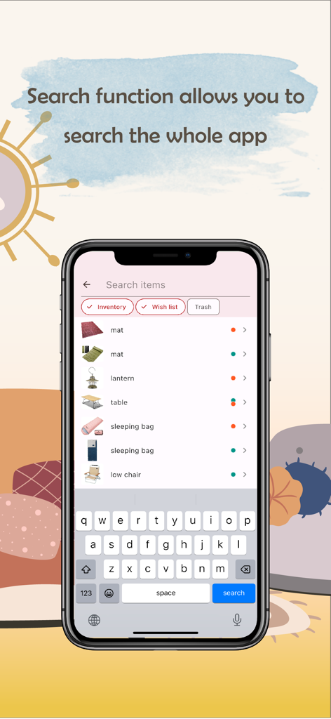 monoca 2 - Collection Manager - The search screen of monoca 2 collection manager app displaying a list of items and a mobile keyboard.