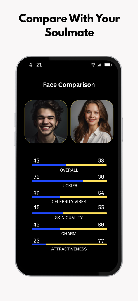 BodyIQ – Track Your Body - BodyIQ app screen showing a side by side AI face comparison between a man and a woman with scores for charm and attractiveness.