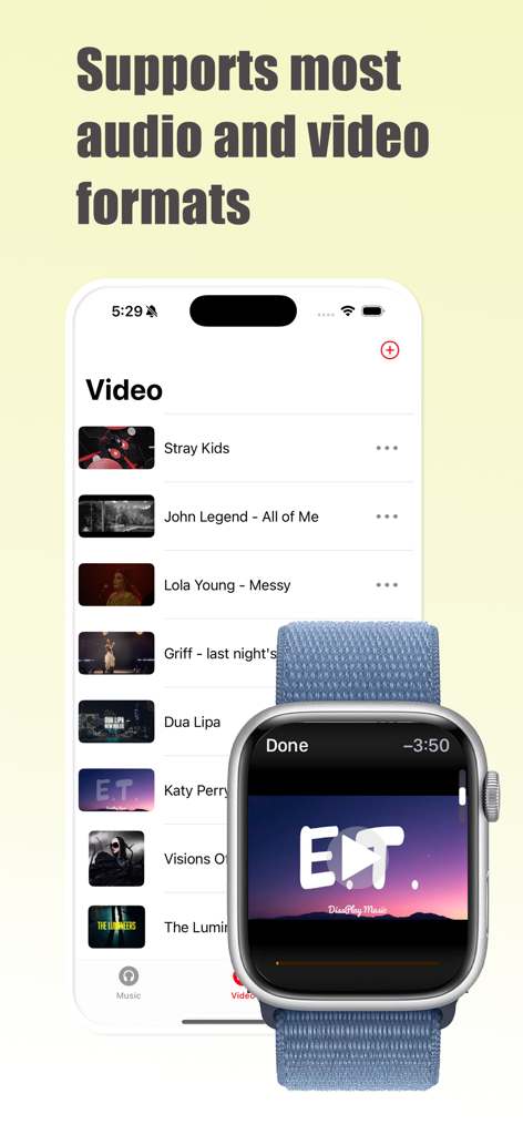 iPhone showing a video list and Apple Watch playing a video through the WristPlayer app