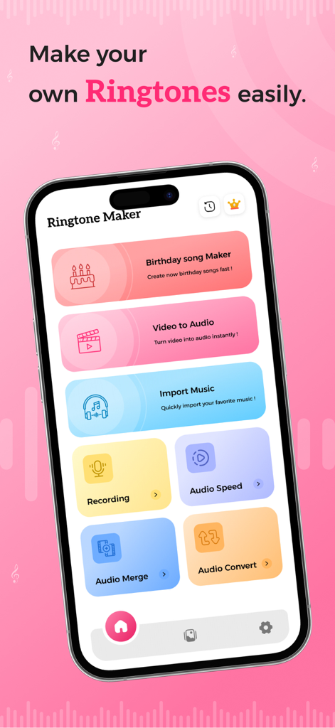 Ringtone Maker – Set & Export - Mobile app interface for Ringtone Maker showing tools for custom ringtones and audio editing