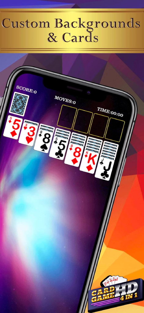 A mobile phone screen displaying a Solitaire game with a custom galaxy background and card faces