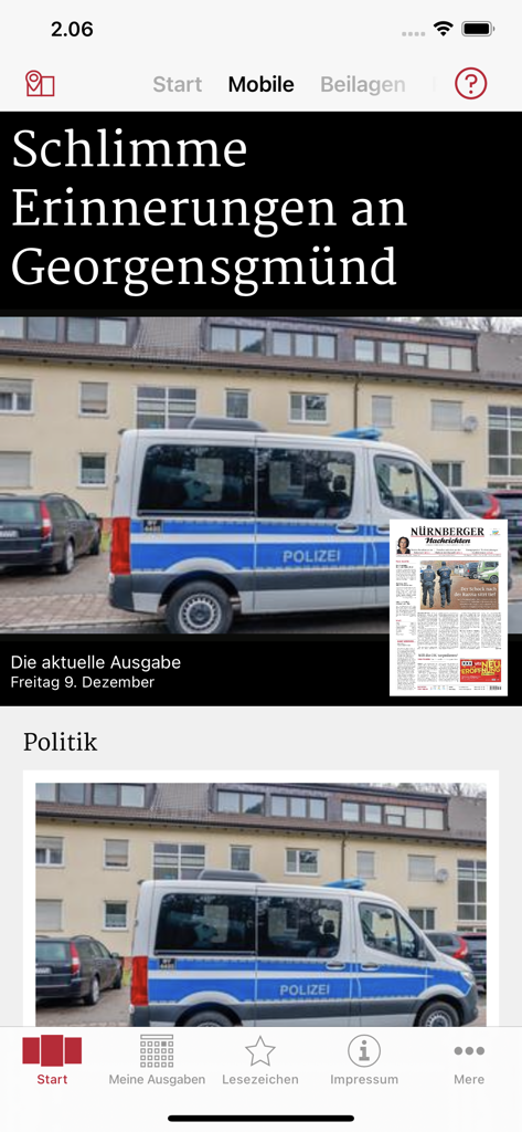Oberfläche der Nürnberger Nachrichten E-Paper-App mit lokalen Nachrichten und Navigation