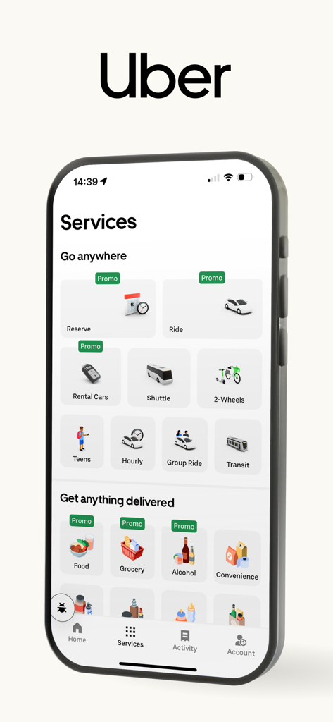 Uber app interface showing various services for rides and delivery