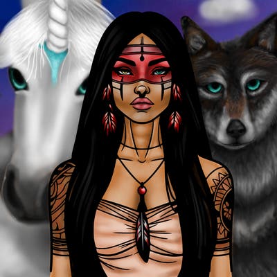 realistic native american woman gorgeous tall long hair and tattoos