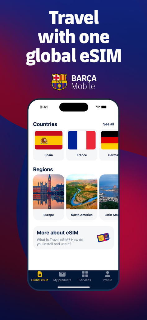Barça Mobile - Travel eSIM - Pantalla del iPhone de la app Barca Mobile mostrando planes eSIM para diferentes países y regiones del mundo