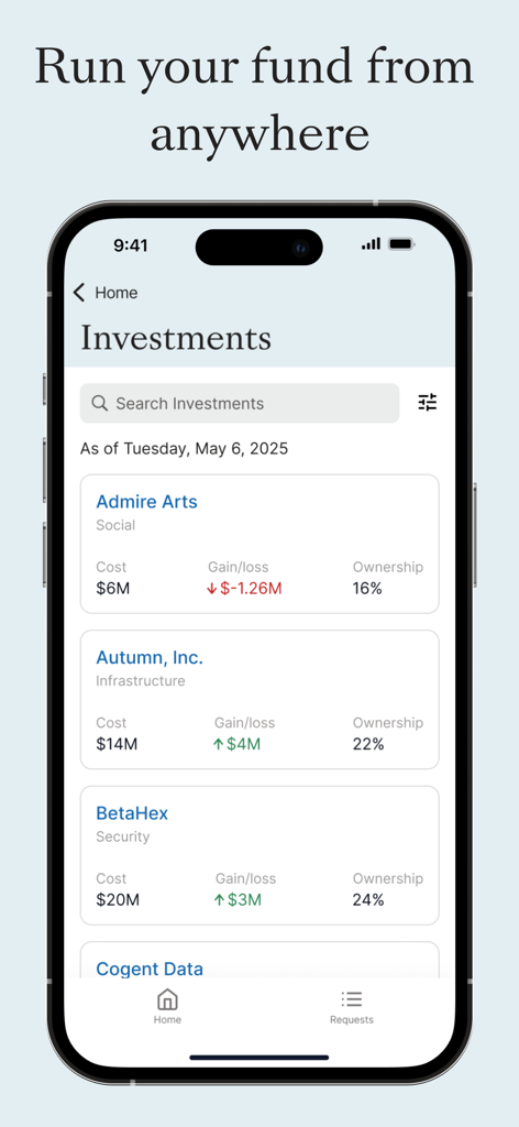 A mobile screen showing the Carta Carry app investment portfolio with details for multiple companies including cost, gain loss, and ownership percentages.