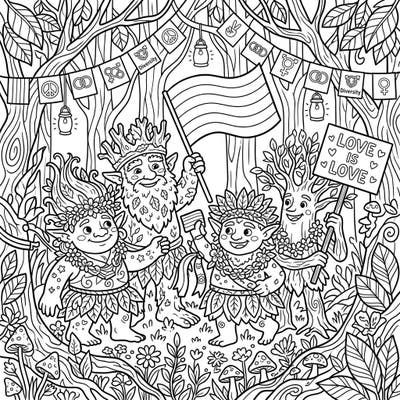 Step into an enchanting woodland where a group of cheerful forest trolls is proudly celebrating Pride Month. This delightful coloring page is filled with symbols of love, diversity, and community, ready for your creative touch.