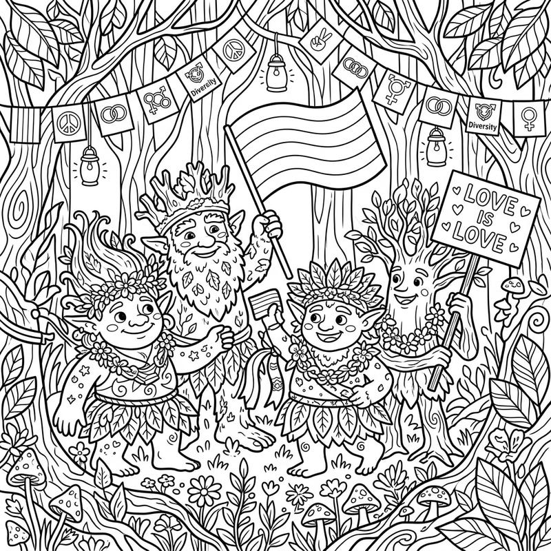 Step into an enchanting woodland where a group of cheerful forest trolls is proudly celebrating Pride Month. This delightful coloring page is filled with symbols of love, diversity, and community, ready for your creative touch.