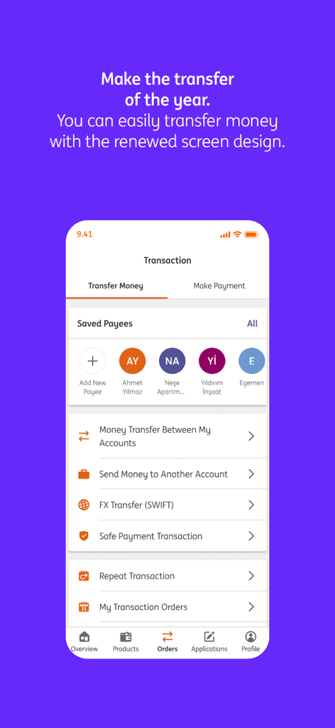 ING Mobil - Oberfläche der ING Mobil App für Geldüberweisungen und Zahlungen mit gespeicherten Zahlungsempfängern und Transaktionsoptionen