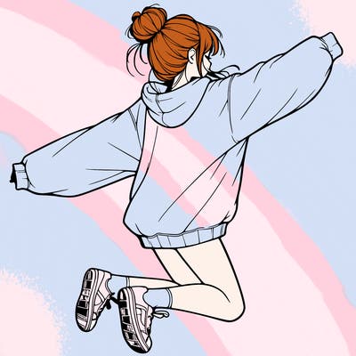realistic girl jumping with a bun and oversized sweatshirt