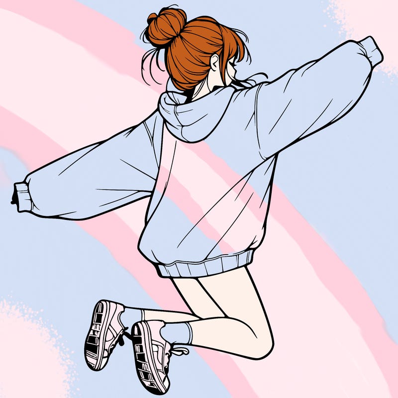 realistic girl jumping with a bun and oversized sweatshirt