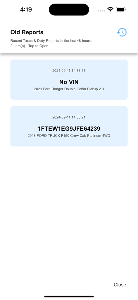 最近の車両税金と関税レポートの履歴画面