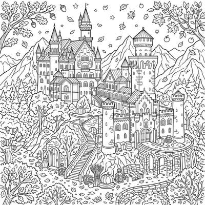 Step into a breathtaking autumn scene with this majestic fortress palace coloring page. Featuring intricate architecture amidst falling leaves and harvest decor, it's a perfect fall coloring adventure.