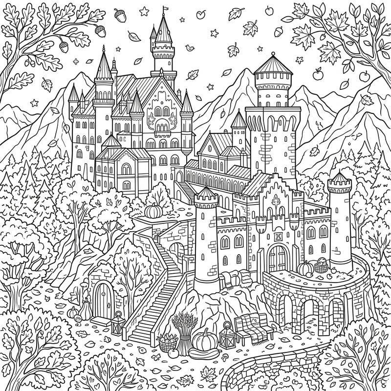 Step into a breathtaking autumn scene with this majestic fortress palace coloring page. Featuring intricate architecture amidst falling leaves and harvest decor, it's a perfect fall coloring adventure.