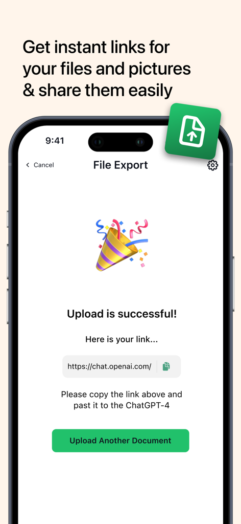 Ein mobiler App-Bildschirm, der einen erfolgreichen Datei-Upload mit einem generierten Freigabe-Link und einer Schaltfläche zum Hochladen eines weiteren Dokuments zeigt