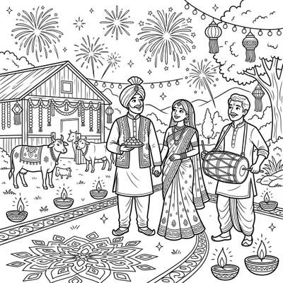 Journey to a unique Diwali celebration with this delightful coloring page featuring ranchers embracing the festival of lights. Adorned in traditional attire, they are surrounded by festive elements like vibrant rangoli and dazzling fireworks, inviting you to add your creative flair.