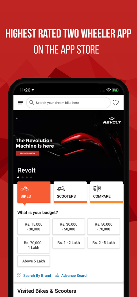 BikeDekho - BikeDekho mobile app home screen with options to search for bikes and scooters by budget.