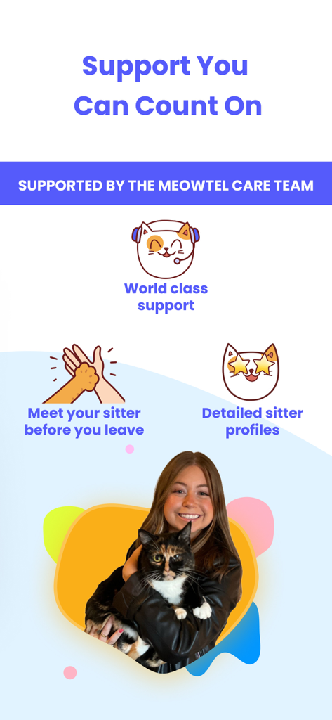 Meowtel: In-Home Cat Sitting - Meowtel app screen showing customer support meet your sitter and detailed sitter profiles features
