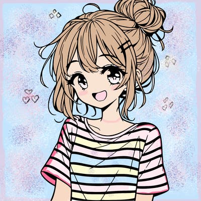anime girl teenager striped shirt and smile and messy bun