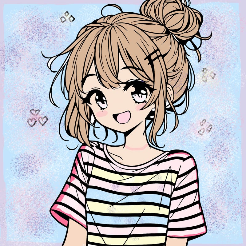 anime girl teenager striped shirt and smile and messy bun
