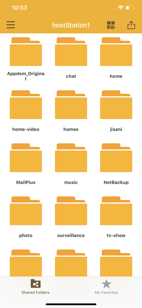Mobile interface of Synology DS file app displaying a directory of shared folders on a NAS station