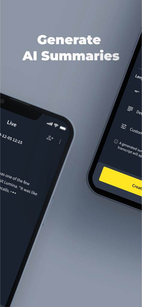 Trint - Screenshot of the Trint mobile app interface showing the Generate AI Summaries feature for transcription