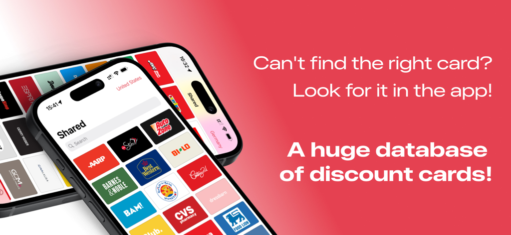 Bildschirm der Discountbook-App mit einer großen Datenbank geteilter Einzelhandels-Kundenkarten für einfaches Sparen.