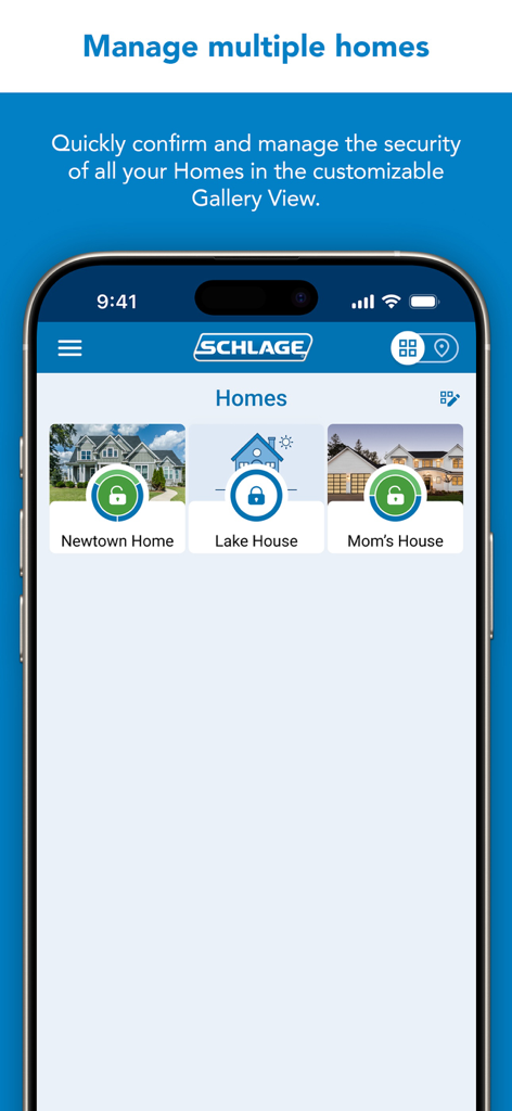 Vista de galería de la aplicación Schlage Home que muestra el estado de seguridad de varias casas, incluidas Newtown Home y Lake House.