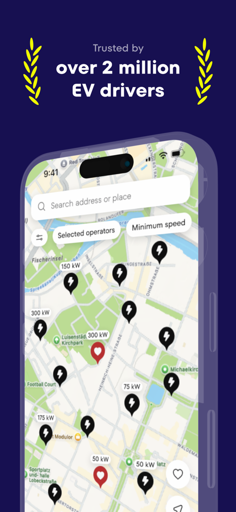 Plugsurfing app interface showing a map with electric vehicle charging station locations and power capacities