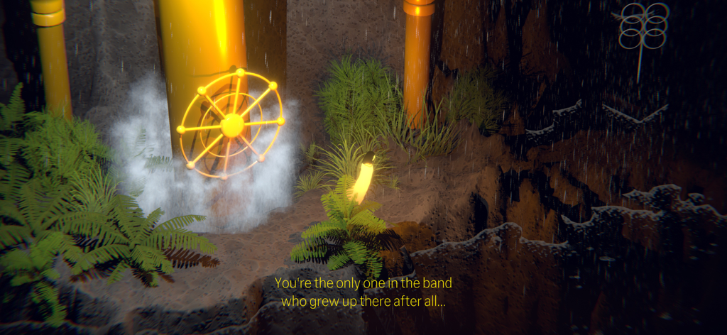 The Forest Quartet - A glowing spirit character standing next to a large yellow valve emitting white steam in a dark cave