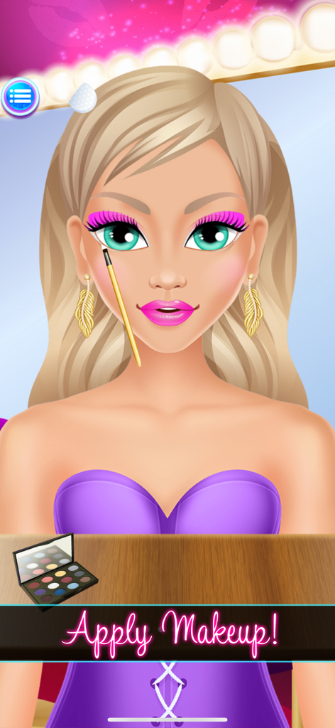 Applying pink eyeshadow to a blonde girl in the makeup salon game.
