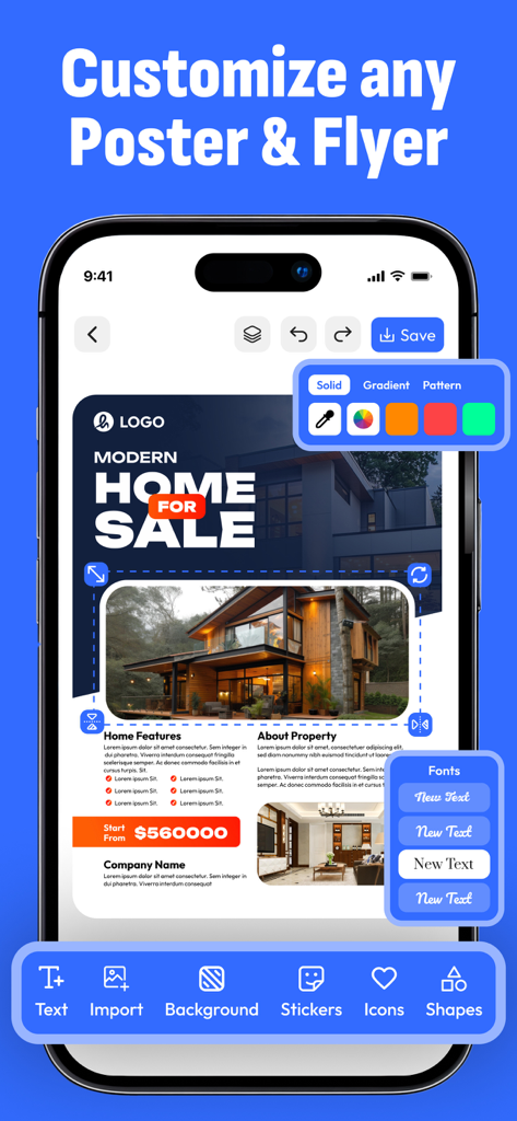 Poster Maker, Flyer Creator - ポスターメーカーアプリのインターフェースを表示するスマートフォン。色とフォント選択ツールを使用して不動産フライヤーをカスタマイズ中。