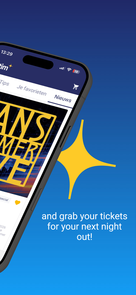 EVENTIM NL/BE - Smartphone exibindo a seção de notícias do aplicativo EVENTIM com um chamado para ação para comprar ingressos para eventos