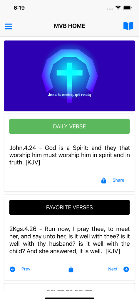 La schermata principale dell'app MultiVersion Bible che mostra un versetto del giorno e una sezione per i versetti preferiti