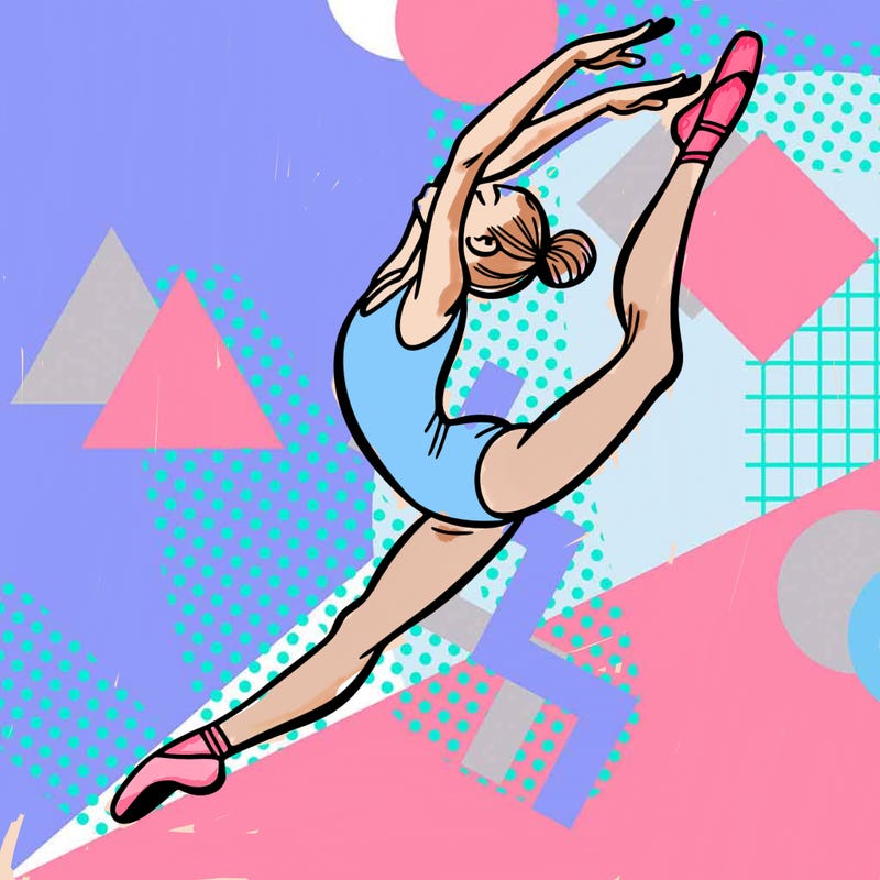 gymnast doing a leap in a leotard with a bent back leg