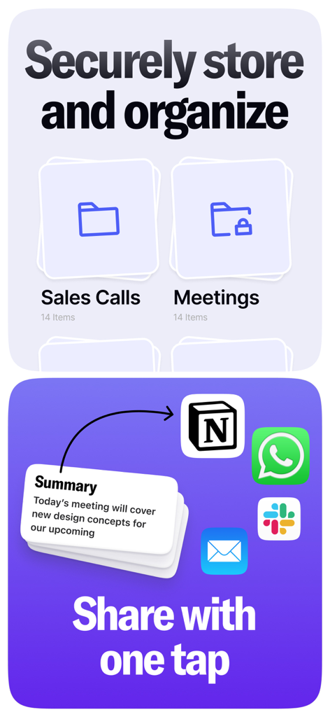 Wave AI Note Taker & Summary - Interfaz de la aplicación Wave AI mostrando carpetas seguras para llamadas de ventas y reuniones con uso compartido con un solo toque a Notion, Slack y WhatsApp