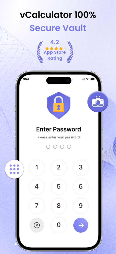 Pantalla del iPhone mostrando la interfaz de entrada de contraseña para la aplicación de bóveda segura vCalc con un teclado numérico y un icono de candado