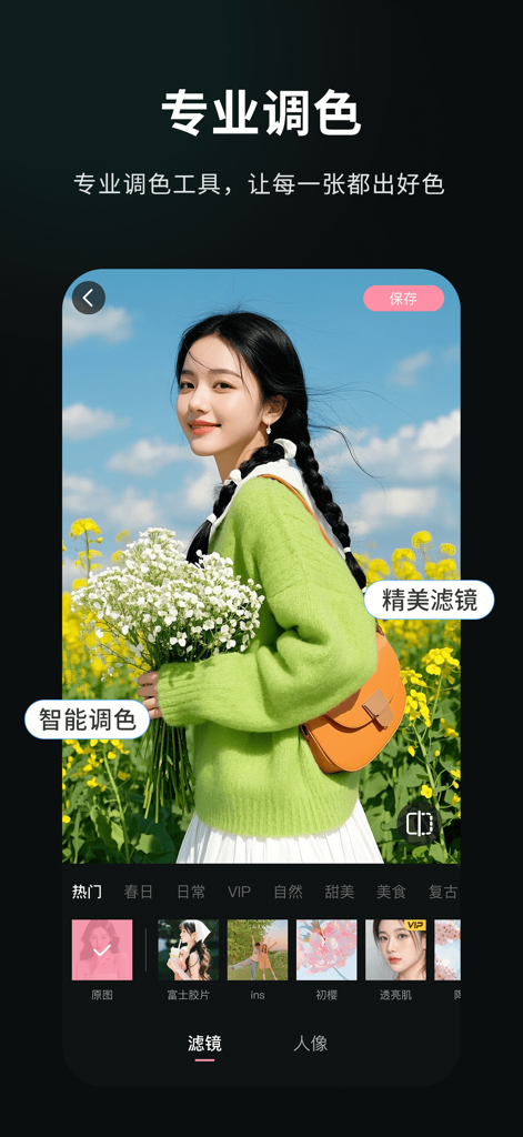 像素ai修图-蛋糕滤镜lr调色像素画质修复海草云修图人像美图 - Pixel AI Photo Editor app interface showing professional color grading and vintage film filters on a portrait photo