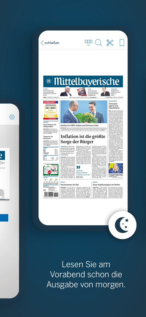 Mittelbayerische ePaper App zeigt die digitale Titelseite einer deutschen Zeitung mit der Vorabendausgabe-Funktion.
