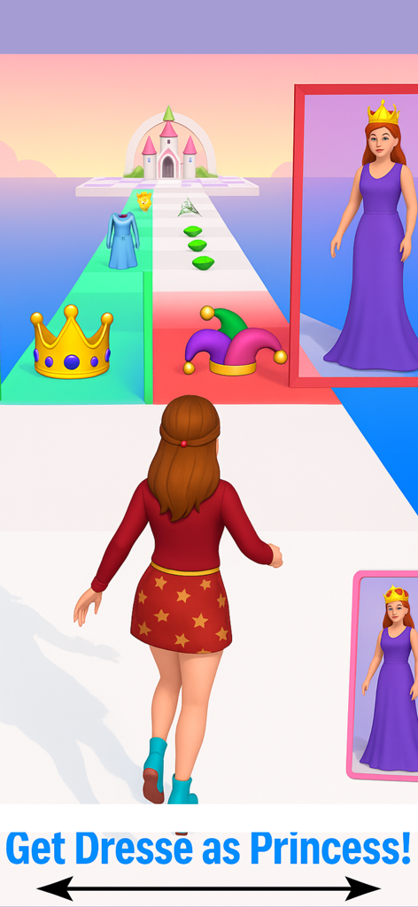 Makeup Girls Dress up Game - Una chica caminando por un sendero para recolectar objetos de moda y transformarse en una princesa.