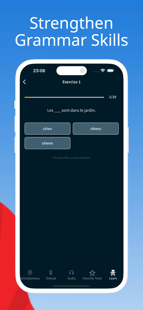 A French grammar exercise on a mobile app interface showing a multiple choice question about plural nouns.