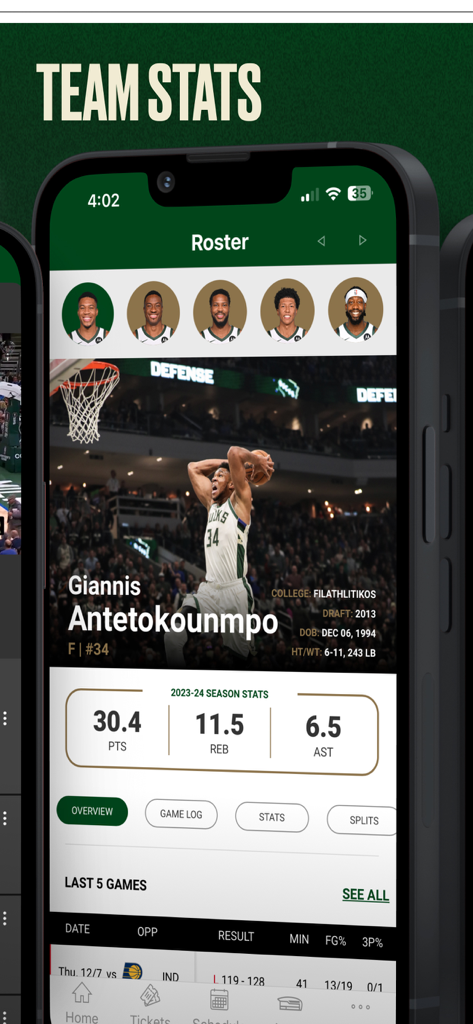 Bucks & Fiserv Forum App - Giannis Antetokounmpo player profile showing season statistics in the Bucks and Fiserv Forum app
