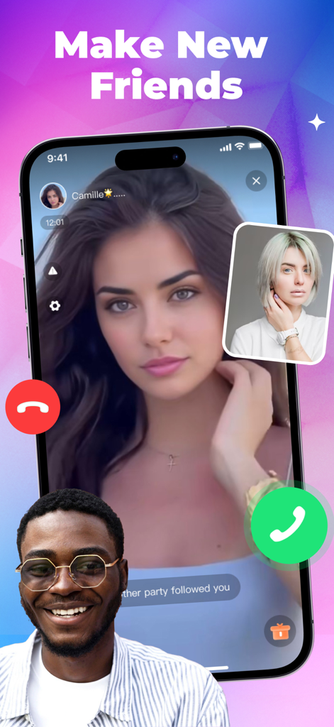 YOYO:Live Stream & Video Chat - Interface of YOYO video chat app showing a live call between users with the headline Make New Friends