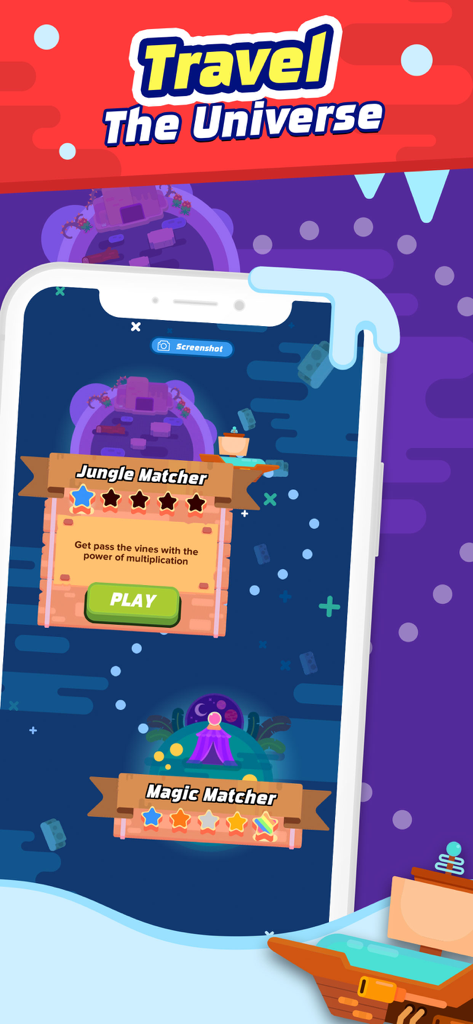 Multiplication Flash Cards App - Multiplication game interface showing travel the universe map with jungle and magic levels