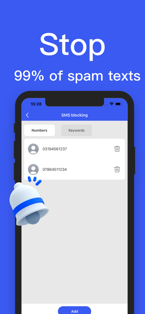 Magic Cleaner-Easy cleanup - A screenshot showing the SMS blocking interface of the Magic Cleaner app with the headline Stop 99 percent of spam texts.
