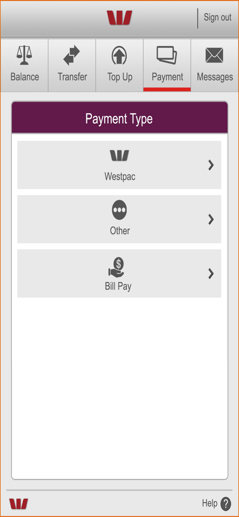 Westpac Fiji Mobile Banking app payment options screen