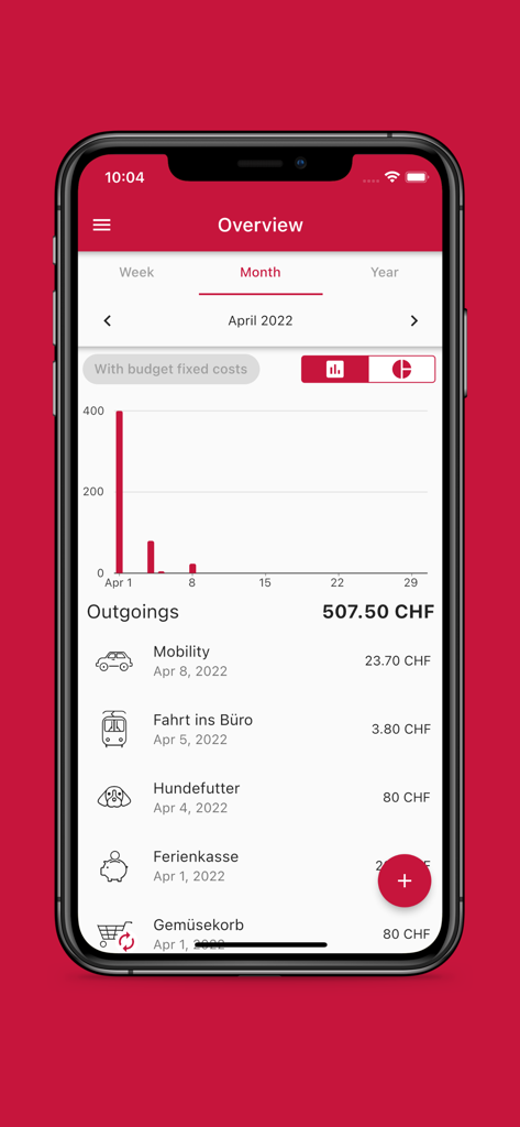 BudgetCH - A monthly budget overview in the BudgetCH app featuring a spending chart and a detailed list of outgoings.