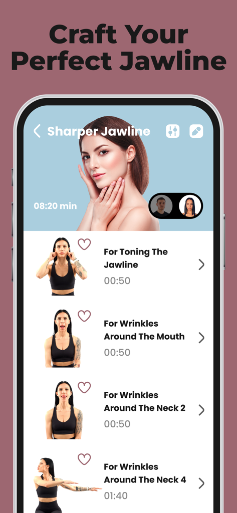 Face Yoga Exercises - Tela de smartphone do aplicativo Face Yoga Exercises mostrando uma lista de rotinas para uma linha do maxilar mais definida e redução de rugas